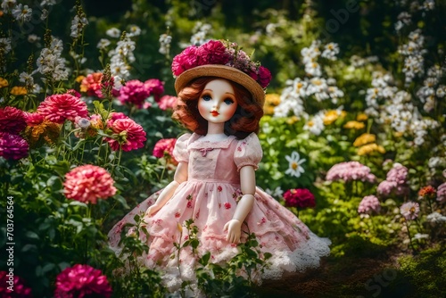 sweet lady doll in flower garden beautiful flowers
