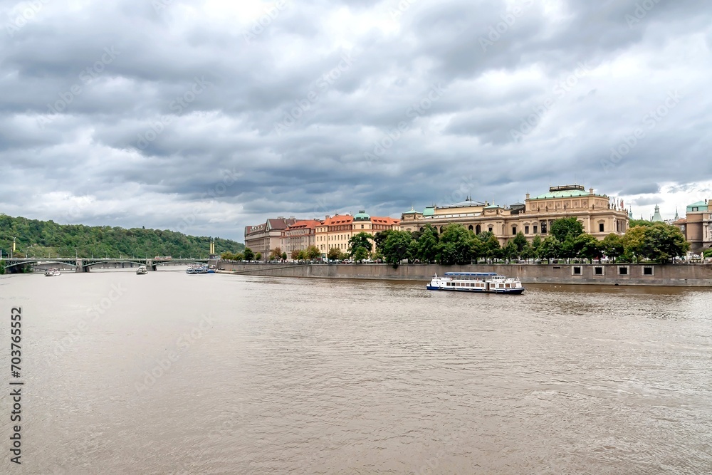 Cruise ships on the Vltava River, Rudolfinum, Prague Conservatory, and Czech Bridge