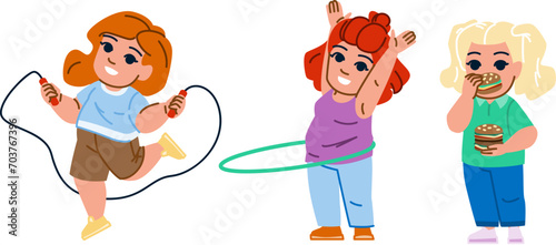 chubby overweight kid girl vector. belly little, childhood character, measuring space chubby overweight kid girl character. people flat cartoon illustration