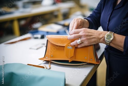 person stitching up a leather bag photo