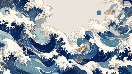 Rough waves Navy Watercolor style Japanese background, Japanese painting