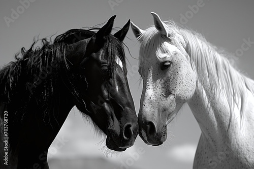 portrait of horses, black stallion and white horse, inseparable couple, opposites attract