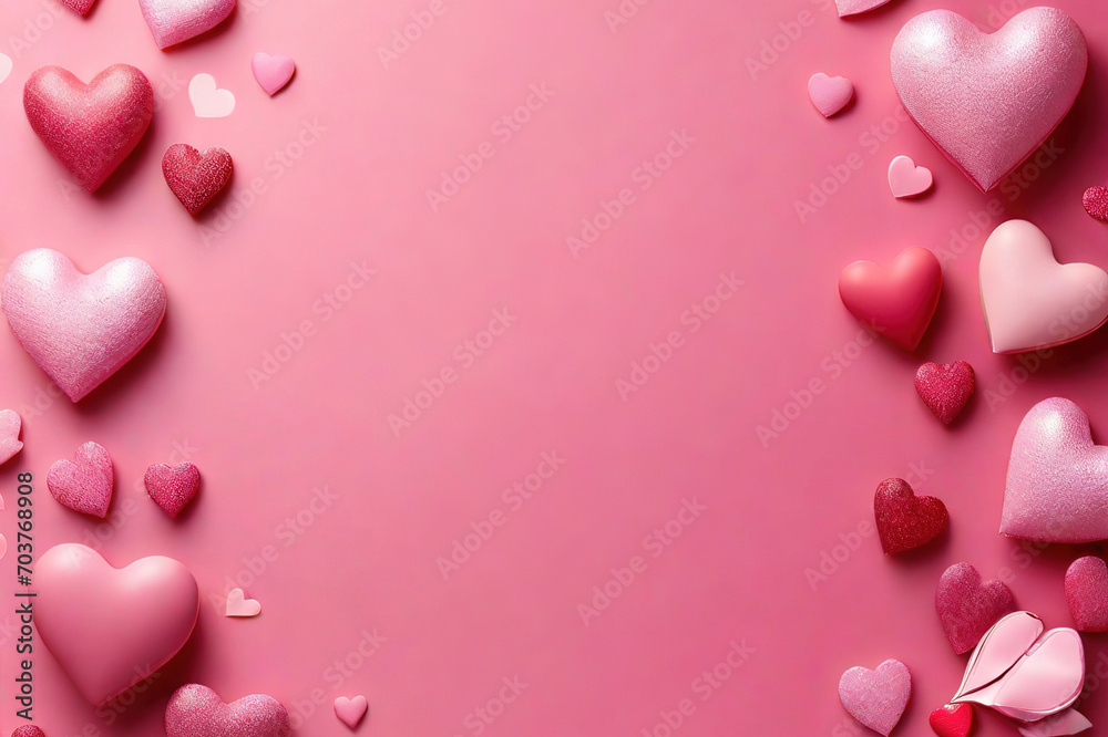 Pure Valentine's day background, pink and red hearts on a pink background. A place for text, the concept of Valentine's day, weddings