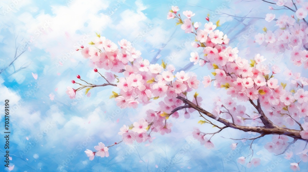 Spring background with the image of blue sky and cherry blossoms Watercolor illustration material