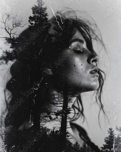 Artistic portrait of a beautiful woman in the forest. Black and white.