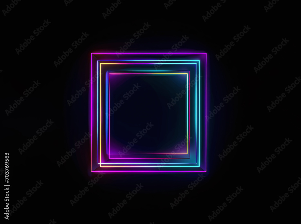 Neon square on black background, frame with empty space