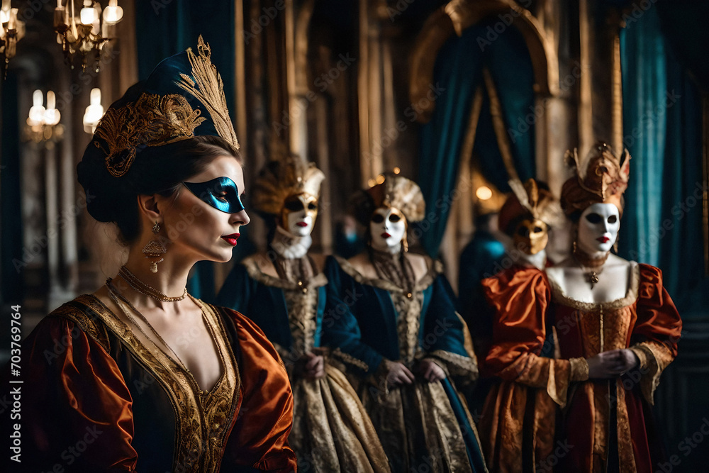 women in Venetian carnival masks and costumes