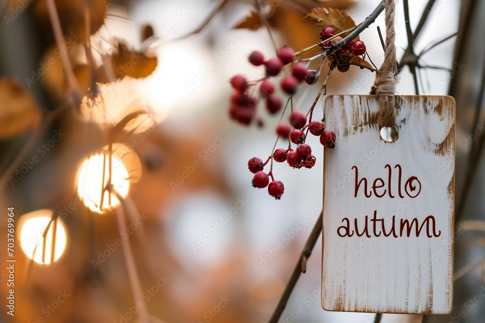 Hello autumn sign with rowan berry on blurred background. Fall season concept.