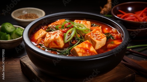 A bowl of spicy Korean kimchi soup with tofu and vegetables