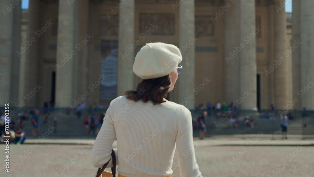 Beautiful woman walking towards the Pantheon in Paris Beautiful woman walking towards the Pantheon in Paris