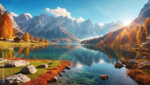 Autumn Landscape with Reflection in Tranquil Mountain Lake