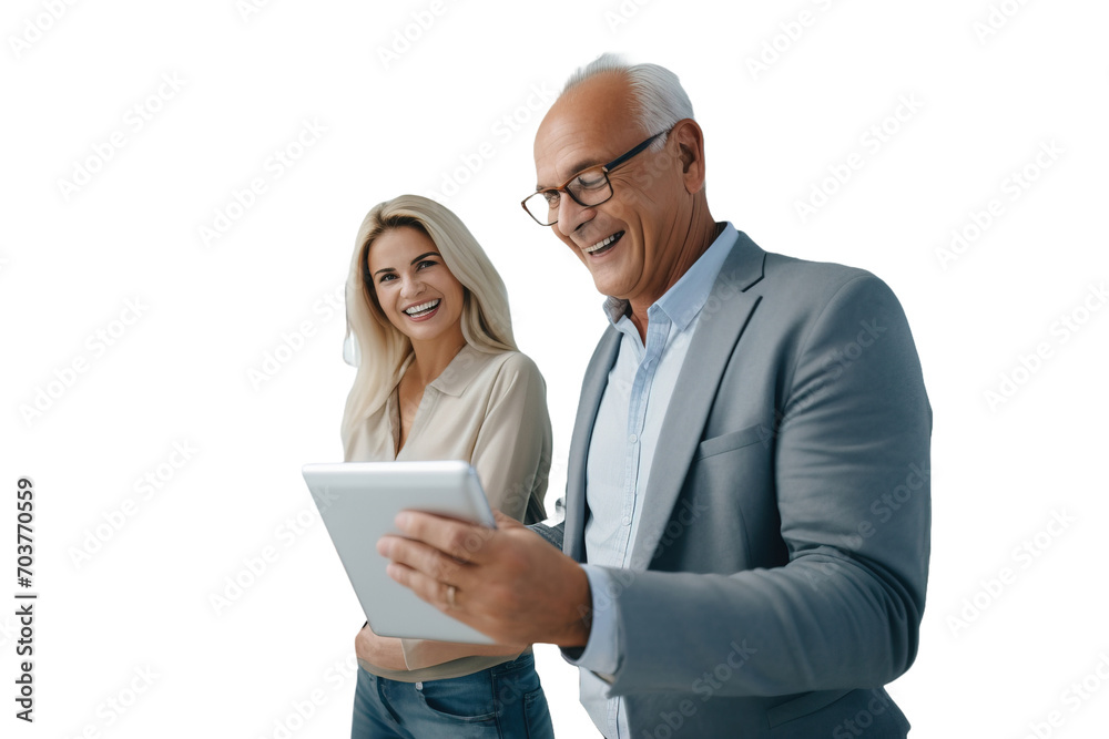 A woman and an old man use a tablet positive managers business people in a shirt office employee. Transparent background. A woman and an old man use a tablet positive managers business people in a shirt office employee. Transparent background.