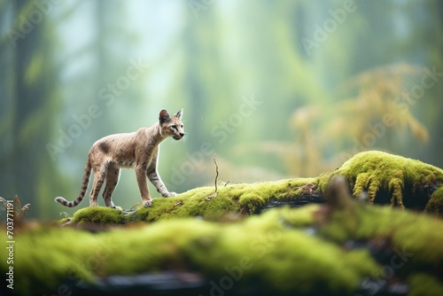 misty forest background with stalking cougar