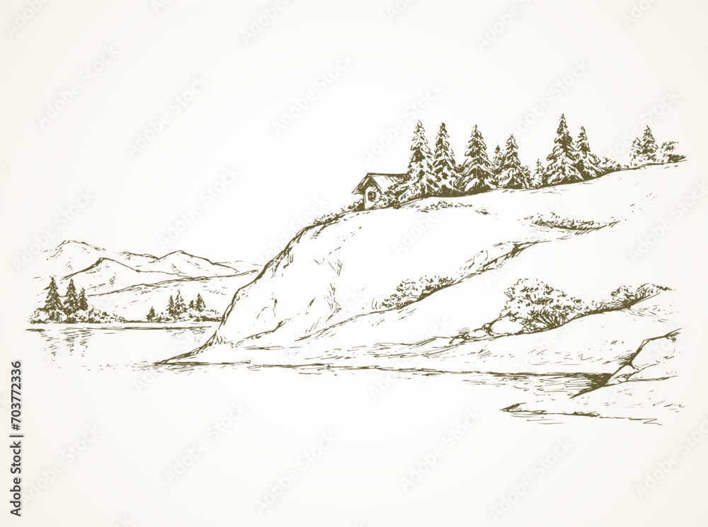 Fototapeta premium Firs on hill above river. Vector drawing