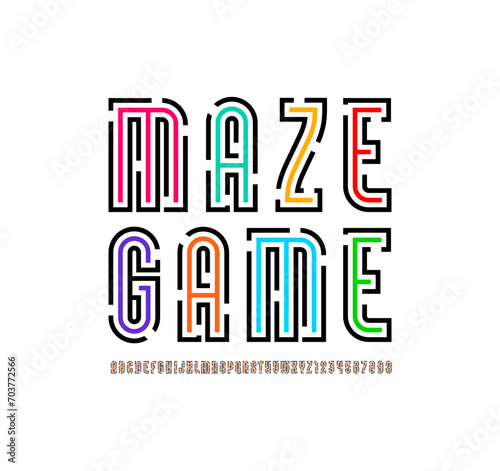 Maze font from gap line, alphabet with bright labyrinth, multi-colored lines cut letters and numbers, vector illustrator 10 eps