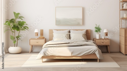 Eco-friendly bedroom with hypoallergenic bedding  non-toxic  minimalist design aesthetic  restorative sleep environment. Neutral color. Sustainable and health-promoting design