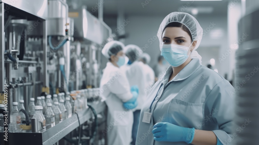 Naklejka premium Staff wearing face mask in uniform check drink beverage in industry at conveyor belt production line machine in beverage factory
