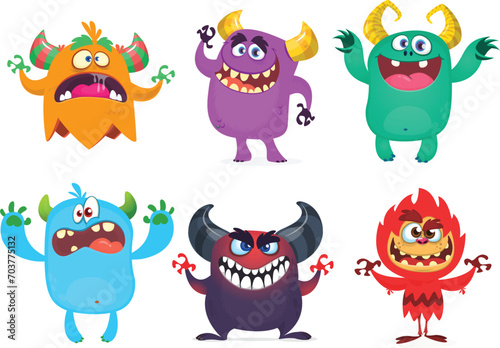 Cute cartoon Monsters. Vector set of cartoon monsters: ghost, goblin, bigfoot yeti, troll and alien. Halloween characters isolated (ID: 703775132)