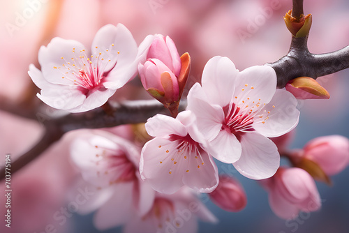 Spring cherry blossoms. Prunus Cerasifera Pissardii Tree blossom with pink flowers. Spring twig of Cherry, Prunus cerasus. Fresh wallpaper, nature background concept