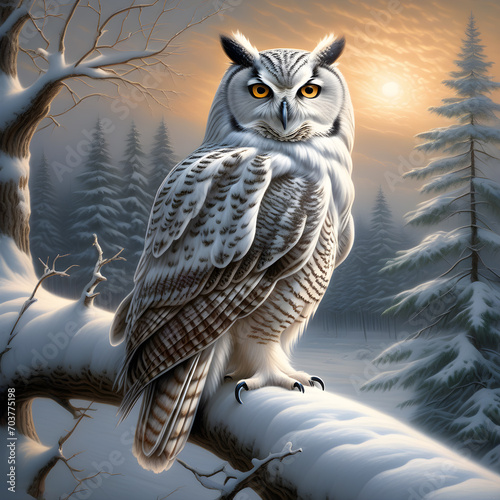 Very beautiful majestic owl sits on thick branch in snowy winter forest. Snow-covered fir trees and sun in the background
