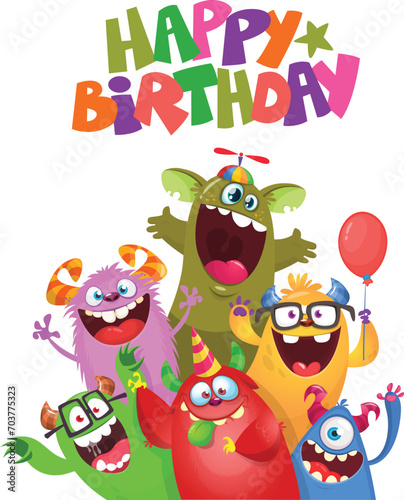 Fototapeta Naklejka Na Ścianę i Meble -  Cute cartoon Monsters. Vector set of cartoon monsters with balloons and party hats for birthday party. Illustration isolated