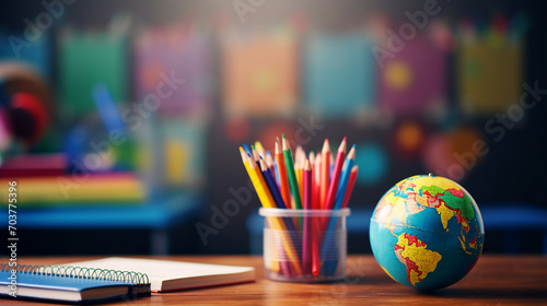 School desk with school accessories and gloss on a school blackboard background. photo