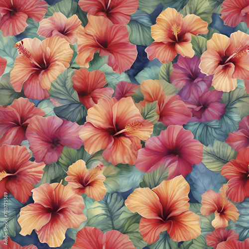 A vibrant pattern of tropical hibiscus flowers. 