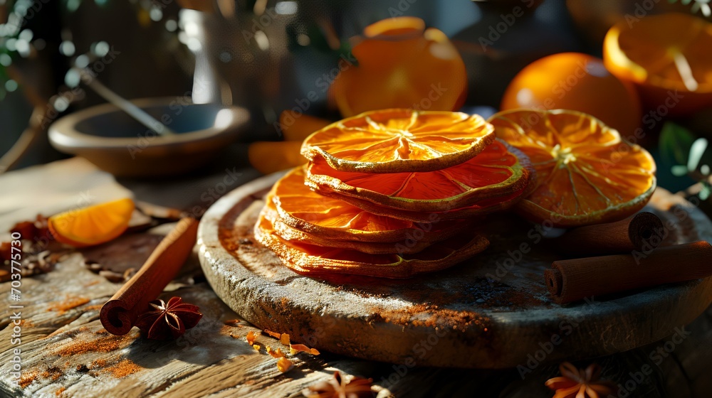 Dried orange slices and cinnamon sticks on wooden table, closeup Dried orange slices and cinnamon sticks on wooden table, closeup