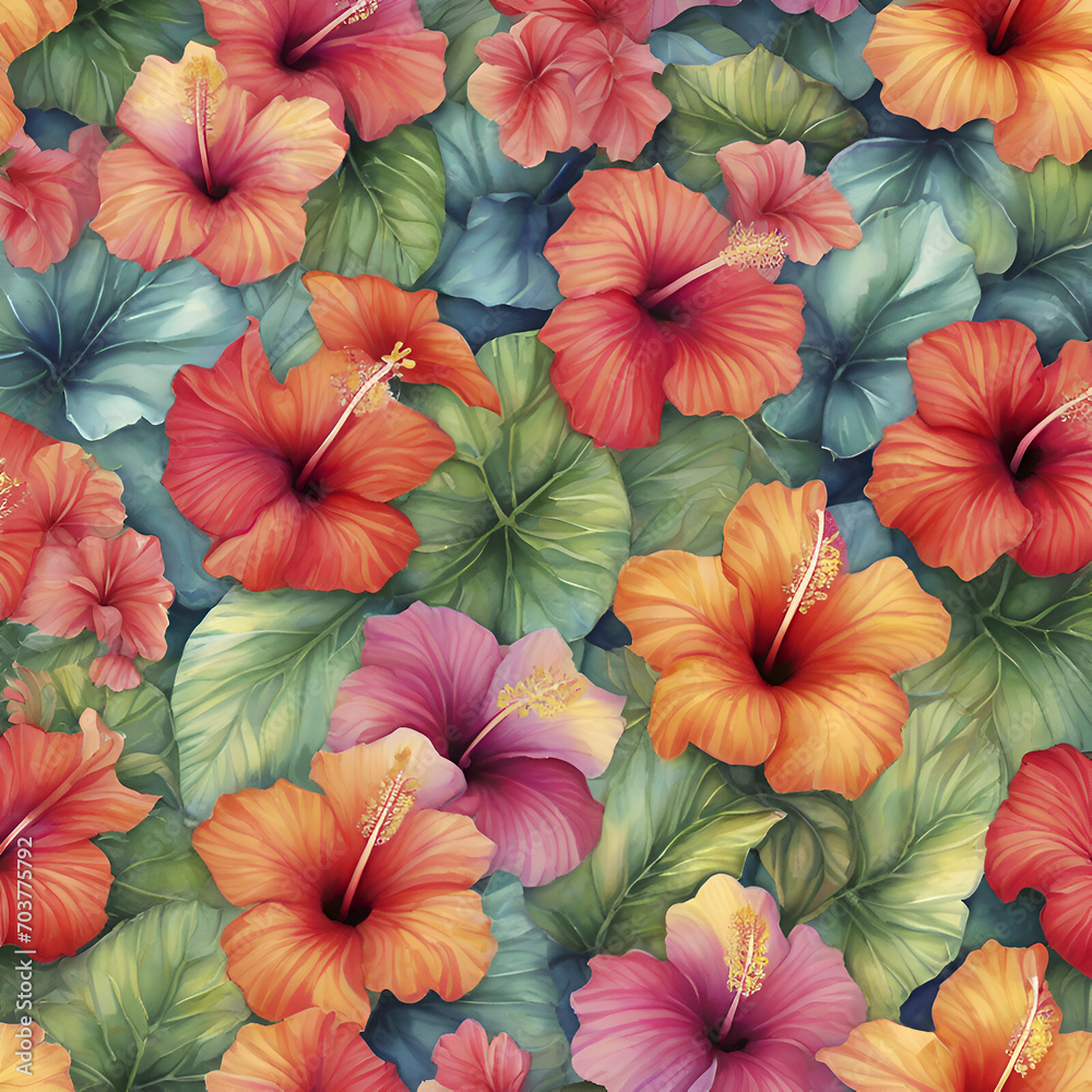 A vibrant pattern of tropical hibiscus flowers. 