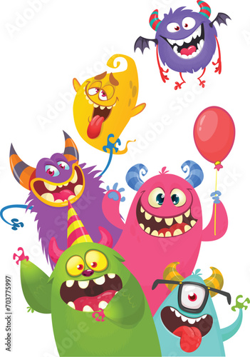 Cute cartoon Monsters. Vector set of cartoon monsters with balloons and party hats. Illustration isolated