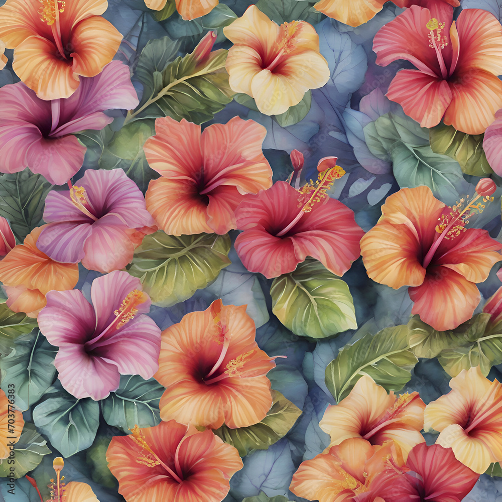 A vibrant pattern of tropical hibiscus flowers. A vibrant pattern of tropical hibiscus flowers.