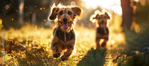 Two cute dachshund dogs running on the grassy sunny clearing of a forest in the afternoon sunset. Daytime outdoor shot in the woods. photo