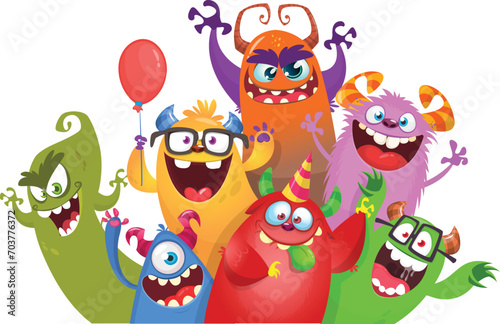 Cute cartoon Monsters. Vector set of cartoon monsters: ghost, goblin, bigfoot yeti, troll and alien. Halloween characters isolated (ID: 703776372)