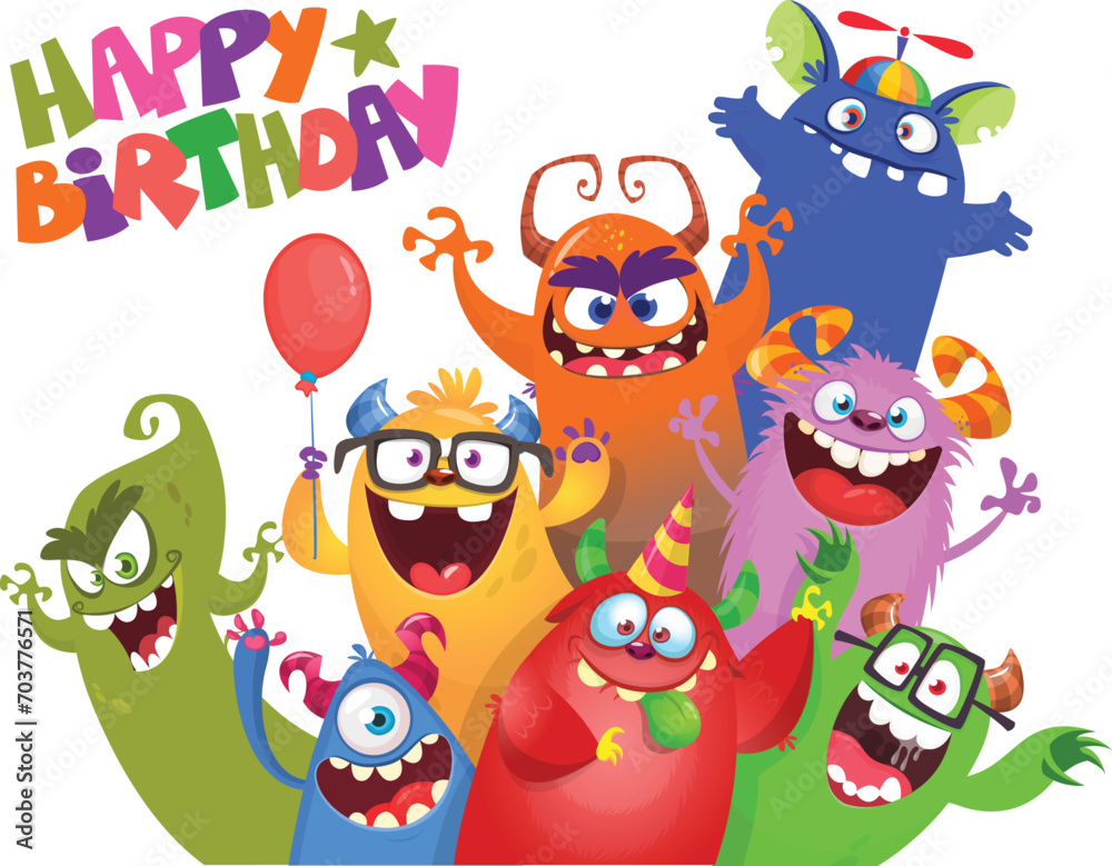 Fototapeta premium Cute cartoon Monsters. Vector set of cartoon monsters with balloons and party hats for birthday party. Illustration isolated