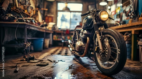 Generative AI Motorcycle repair, grease-stained floors, engine parts, gritty ambiance, high-definition workshop setting © vadosloginov