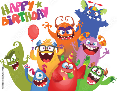 Cute cartoon Monsters. Vector set of cartoon monsters with balloons and party hats for birthday party. Illustration isolated