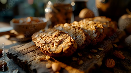 Oatmeal cookies with almonds on a wooden background. Selective focus.