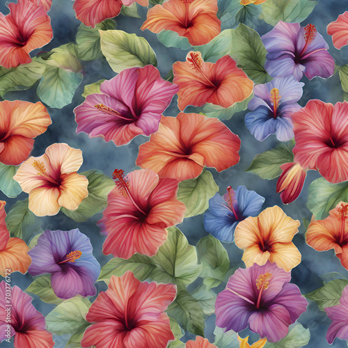 A vibrant pattern of tropical hibiscus flowers. 