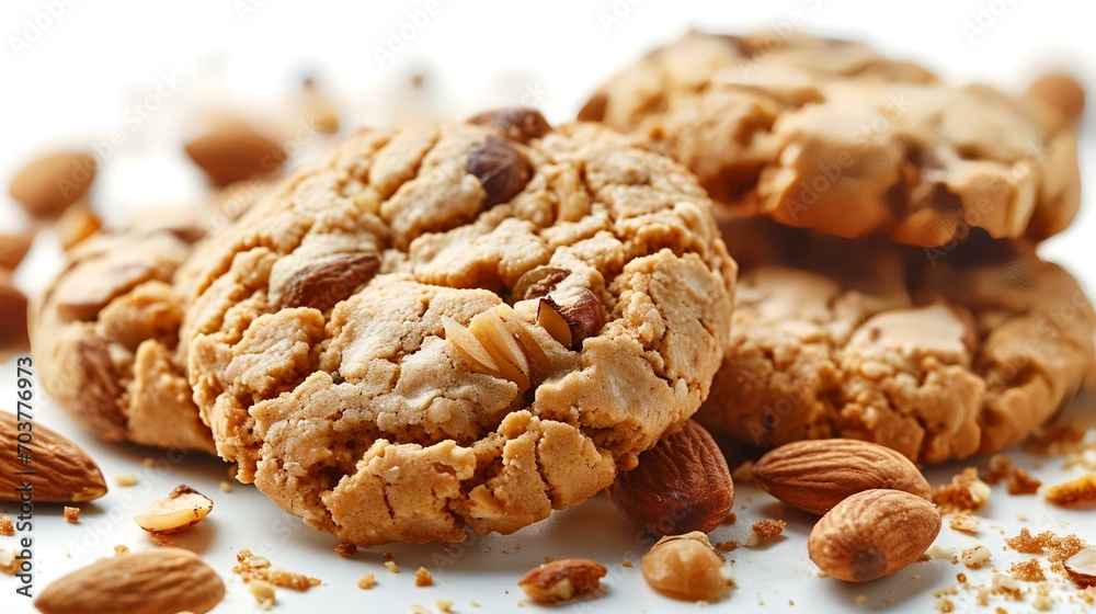 Homemade oatmeal cookies with nuts on white background, closeup Homemade oatmeal cookies with nuts on white background, closeup