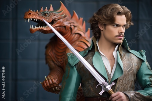 handsome prince with sword facing a dragon model photo