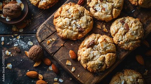 Homemade oatmeal cookies with nuts and raisins on wooden background photo
