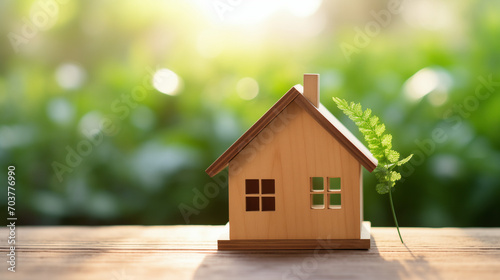 Eco Friendly House. Home Model On Wooden Platform with Blurred Green Plant Background. Real Estate, New Home, Renewable energy and sustainable development concept. Generative AI
