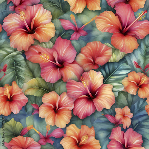 A vibrant pattern of tropical hibiscus flowers.  © Pram