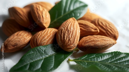 Almond nuts with leaves on a white background, close-up