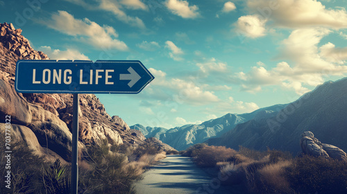 Arrow sign saying Long life pointing to a path in the mountains, with blue sky in the background