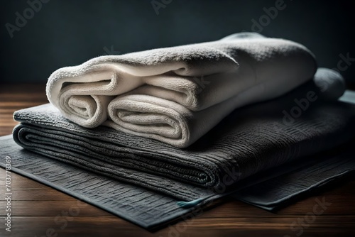 A yoga mat, perfectly rolled, rests beside a neatly folded towel on the polished wooden floor. Soft natural light cascades through the windows, casting gentle shadows and highlighting the tranquility 