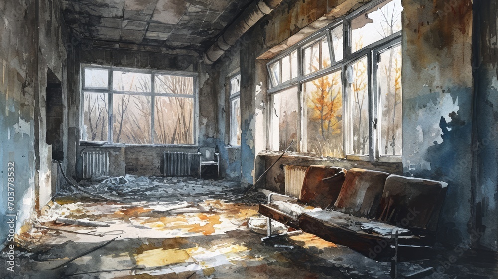 Generative AI Ruins of Pripyat near Chernobyl, overgrown amusement park, ghostly atmosphere, desolation, atmospheric watercolor depiction