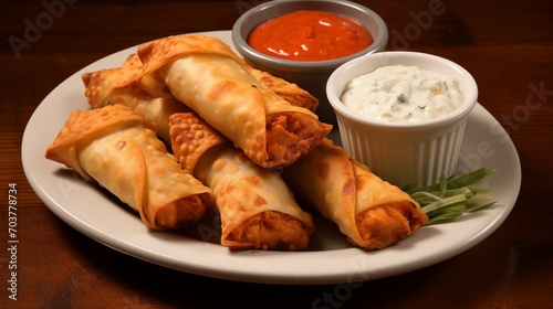 A plate of buffalo chicken egg rolls with blue cheese dip