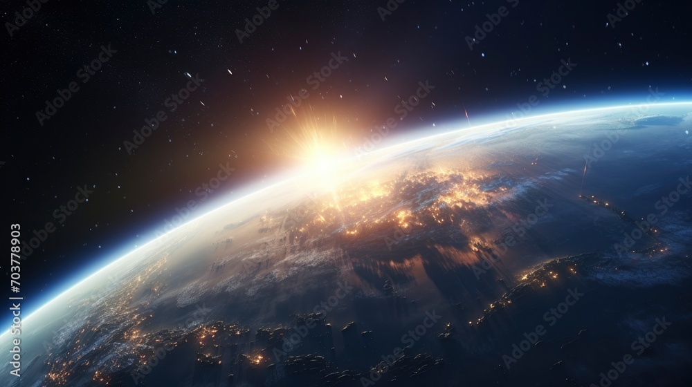 3D Render of Sunrise Over Planet Earth, Featuring the Sun, Stars, and Galaxy in a Breathtaking Cosmic Vista