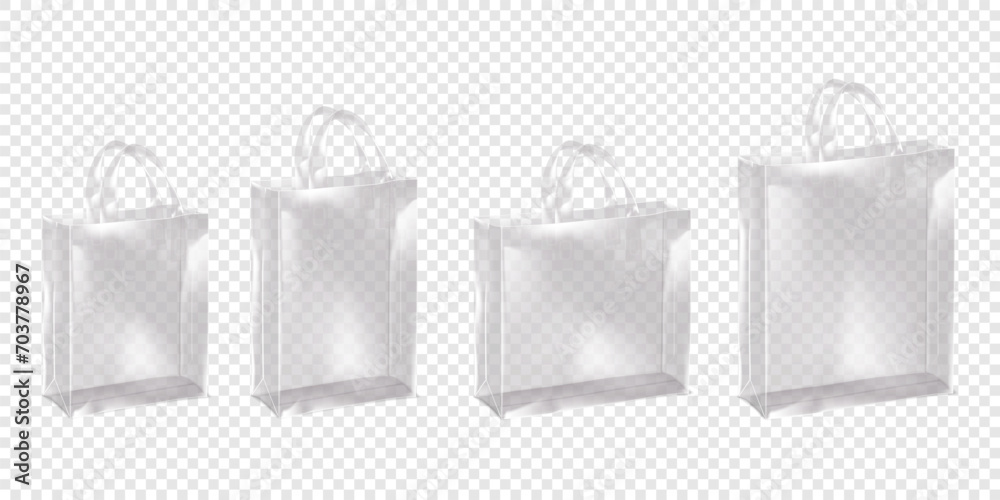 Fototapeta Standing clear plastic reusable shopping bag with handles. Vector mockup set. Transparent PVC tote bag shopper mock-up
